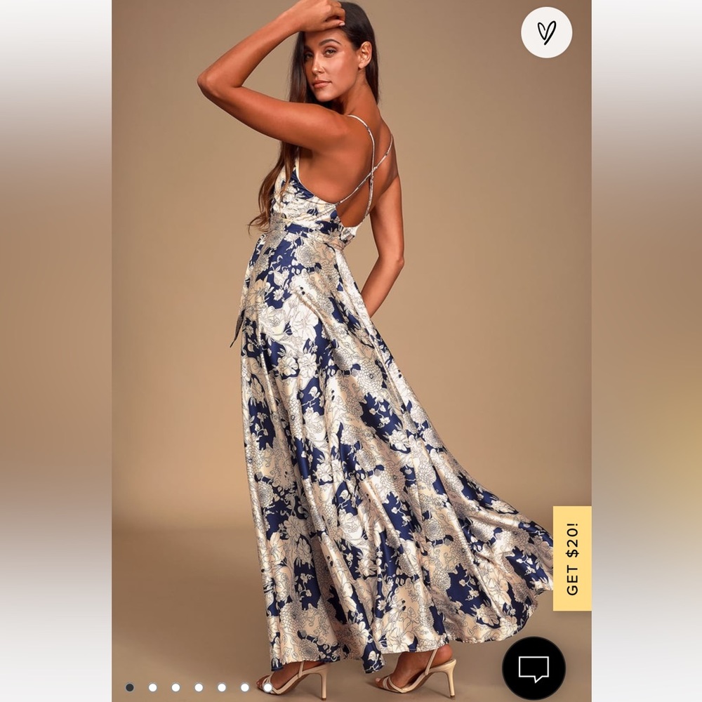 Lulu’s Tea Gardens Navy Blue Floral Print Silk maxi dress